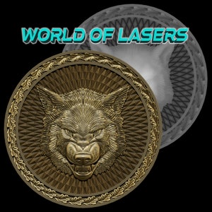 May include: A bronze-colored medallion featuring a detailed wolf's head with an open mouth and bared teeth. The medallion has a decorative border and a geometric pattern in the background. The text "WORLD OF LASERS" is displayed above the medallion.