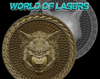 Modelo 3D Stl y Escala de Grises para fresadoras Láser y CNC - Lobo con marco hojas