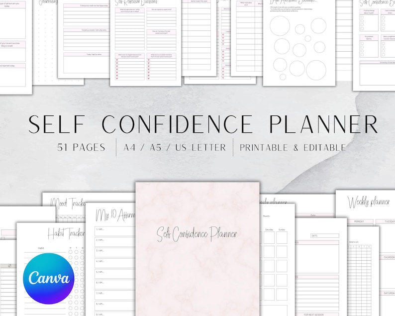 EDITABLE Self Confidence Planner Templates Canva Self Love Planner Self ...