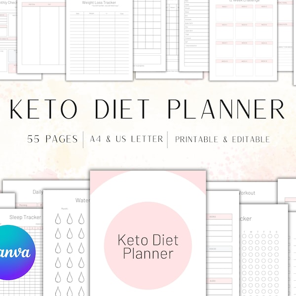 EDITIERBAR Keto Diät Planer CANVA Gesundes Essen Journal Fitness Journal Körpermessung Diät Weight Loss Planner Diet Workout Keto Log