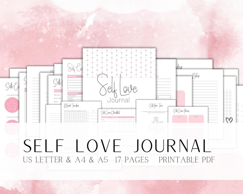May include: A printable self-love journal with 17 pages, including a mood tracker, self-care checklist, and self-care ideas. The journal is designed in a pink and white color scheme with a heart pattern.
