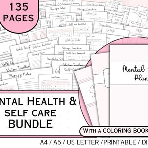 May include: A pink and white printable mental health and self-care bundle with 135 pages. The bundle includes a variety of trackers, journals, and worksheets to help you manage your mental health and well-being. It also includes a coloring book as a gift.