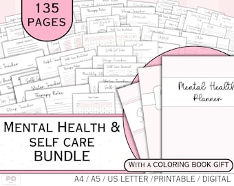 Puede incluir: Un paquete de salud mental y autocuidado imprimible en rosa y blanco con 135 páginas. El paquete incluye una variedad de rastreadores, diarios y hojas de trabajo para ayudarte a gestionar tu salud mental y bienestar. También incluye un libro para colorear como regalo.