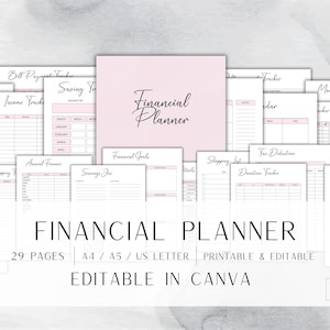 May include: A printable financial planner with 29 pages, designed for use with Canva. The planner includes pages for tracking income, expenses, savings goals, and more. The pages are designed in a minimalist style with a pink and white color scheme.