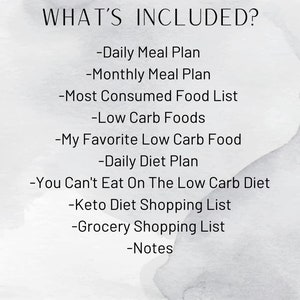 K&ouml;nnte beinhalten: Eine Liste der Elemente, die in einem Low-Carb-Di&auml;tplan enthalten sind. Die Liste umfasst einen t&auml;glichen Speiseplan, einen monatlichen Speiseplan, eine Liste der am h&auml;ufigsten konsumierten Lebensmittel, eine Liste von Low-Carb-Lebensmitteln, eine Liste der Lieblings-Low-Carb-Lebensmittel, einen t&auml;glichen Di&auml;tplan, eine Liste der Lebensmittel, die bei einer Low-Carb-Di&auml;t zu vermeiden sind, eine Einkaufsliste f&uuml;r die Keto-Di&auml;t, eine Einkaufsliste f&uuml;r Lebensmittel und Notizen.