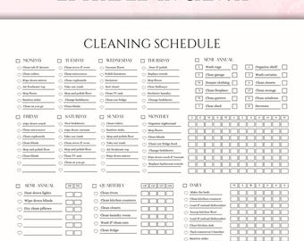 May include: A printable cleaning schedule checklist with a black and white design. The checklist includes daily, weekly, monthly, quarterly, semi-annual, and annual cleaning tasks. The tasks are organized by day of the week and frequency. The checklist is editable in Canva.