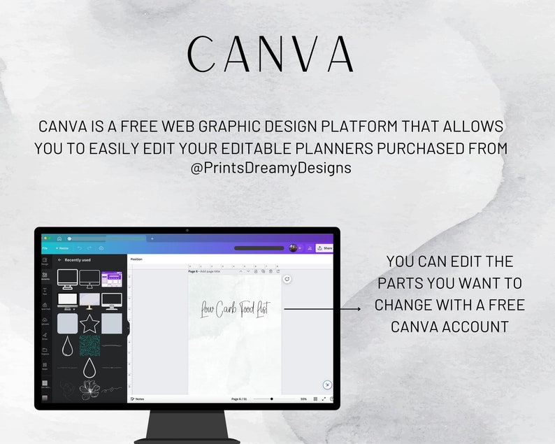 K&ouml;nnte beinhalten: Ein Screenshot eines Computerbildschirms, der die Canva-Website zeigt. Der Bildschirm zeigt eine Planervorlage mit dem Text "Low Carb Food List". Der Text "YOU CAN EDIT THE PARTS YOU WANT TO CHANGE WITH A FREE CANVA ACCOUNT" ist ebenfalls auf dem Bildschirm zu sehen.