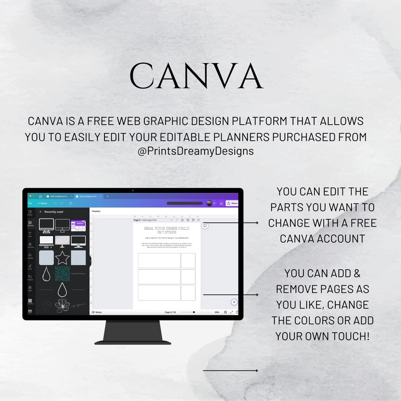 以下が含まれることがあります： Canva のウェブサイトが表示されたコンピューター画面で、プランナーテンプレートが開かれています。画面のテキストは「インナーチャイルドを7ステップで癒す」です。画面下のテキストは「無料の Canva アカウントで変更したい部分を編集できます。ページを追加したり削除したり、色を変更したり、独自のタッチを加えたりできます！」です。