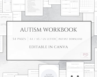 編集可能な自閉症ワークブック Canva 自閉症プランナー 大人と子供向けジャーナル 編集可能な自閉症チェックリスト 自閉症ギフト PDF 自閉症トラッカー