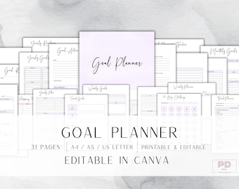 May include: A printable goal planner with 31 pages in A4, A5, and US Letter sizes. The planner includes sections for yearly, monthly, weekly, and daily goals, as well as a 30-day challenge. The planner is editable in Canva.