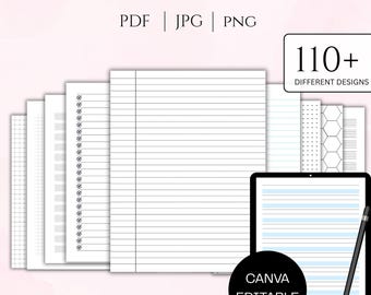 Puede incluir: Un paquete de papel para cuaderno con varios diseños, incluyendo páginas rayadas, cuadriculadas y de listas de verificación. La imagen muestra una tableta con un cuaderno digital y un lápiz óptico. El texto en la imagen incluye "NOTEBOOK PAPER BUNDLE", "PDF | JPG | PNG", "110+ DIFFERENT DESIGNS", "CANVA EDITABLE" y "PRINTABLE & DIGITAL USE US LETTER SIZE".