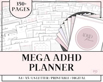 May include: A pink and white digital planner with the text "MEGA ADHD PLANNER" and "350+ PAGES" in black. The planner is designed for people with ADHD and includes a variety of printable pages for planning, tracking, and organizing. The planner is available in A4, A5, and US Letter sizes.