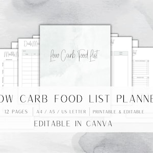 K&ouml;nnte beinhalten: Ein druckbarer und editierbarer Low-Carb-Lebensmittellistenplaner in Schwarzwei&szlig;. Der Planer umfasst 12 Seiten und ist f&uuml;r die Verwendung mit Canva konzipiert. Der Text "Low Carb Food List Planner" ist in Schwarz am unteren Rand des Bildes gedruckt.
