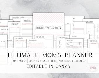 EDITABLE Ultimate Mom Planner Templates Canva Mother Family Budget School Journal Logs Home Children Kids Baby Planner Homework Log