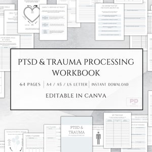 May include: A digital workbook for processing PTSD and trauma. The cover features a light blue background with the title "PTSD & Trauma Processing Workbook" in a grey font. The workbook is 64 pages and is editable in Canva.