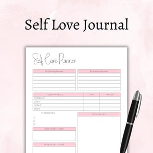 May include: A printable self-care planner with sections for morning and evening routines, meal planning, priorities, and a schedule. The planner has a pink and white color scheme and the text "Self Care Planner" is at the top.