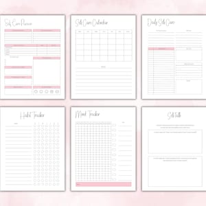 May include: A printable self-care planner with six pages. The pages include a self-care calendar, a daily self-care log, a habit tracker, a mood tracker, and a self-talk section.