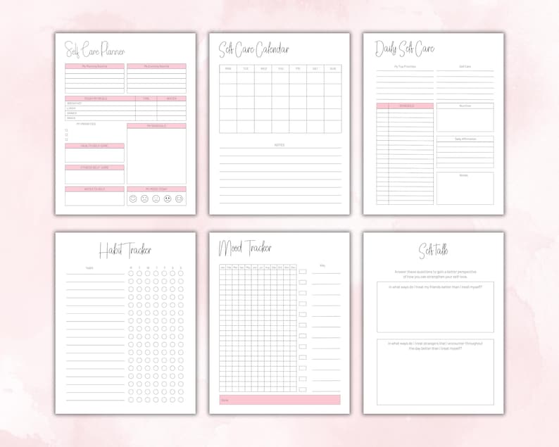 May include: A printable self-care planner with six pages. The pages include a self-care calendar, a daily self-care log, a habit tracker, a mood tracker, and a self-talk section.
