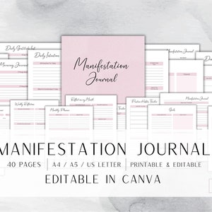Może przedstawiać: Drukowany i edytowalny dziennik manifestacji z 40 stronami. Dziennik zawiera strony do codziennej wdzięczności, intencji, porannych i wieczornych rutyny, cotygodniowych refleksji, miesięcznych planistów, śledzenia nawyków, celów i wiele więcej. Dziennik jest zaprojektowany w różowo-białej kolorystyce z ręcznie pisanym fontem. Tekst "Dziennik manifestacji" jest wyświetlany dużą czcionką u góry obrazu. Tekst "40 stron | A4/A5/US Letter | Do wydruku i edycji | Edytowalny w Canva" jest wyświetlany pod dziennikiem.