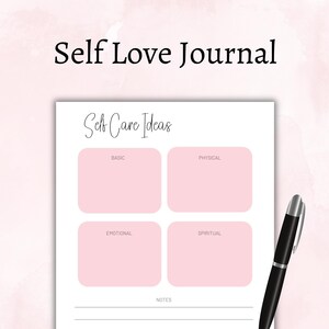 May include: A printable self-care journal with a pink background. The journal is divided into four sections: Basic, Physical, Emotional, and Spiritual. Each section has a blank space for writing. The journal also has a section for notes.