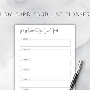K&ouml;nnte beinhalten: Ein druckbarer Low-Carb-Lebensmittellistenplaner mit dem Titel "Meine Lieblings-Low-Carb-Lebensmittel". Der Planer enth&auml;lt Abschnitte f&uuml;r Protein, Milchprodukte, Gem&uuml;se, Obst, Fette und Vorratskammer.