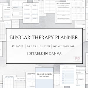 Könnte beinhalten: Ein digitaler Planer für die bipolare Therapie mit 55 Seiten, druckbar in A4, A5 oder US Letter. Der Planer ist in Canva bearbeitbar und enthält Seiten für die Analyse der Stimmung, die Medikamentenverfolgung, Erfahrungspausen, Trauerbewältigungshindernisse, das Umformulieren von Gedanken, Brainstorming und Therapieziele. Der Planer soll Menschen mit bipolarer Störung helfen, ihre psychische Gesundheit zu bewältigen.