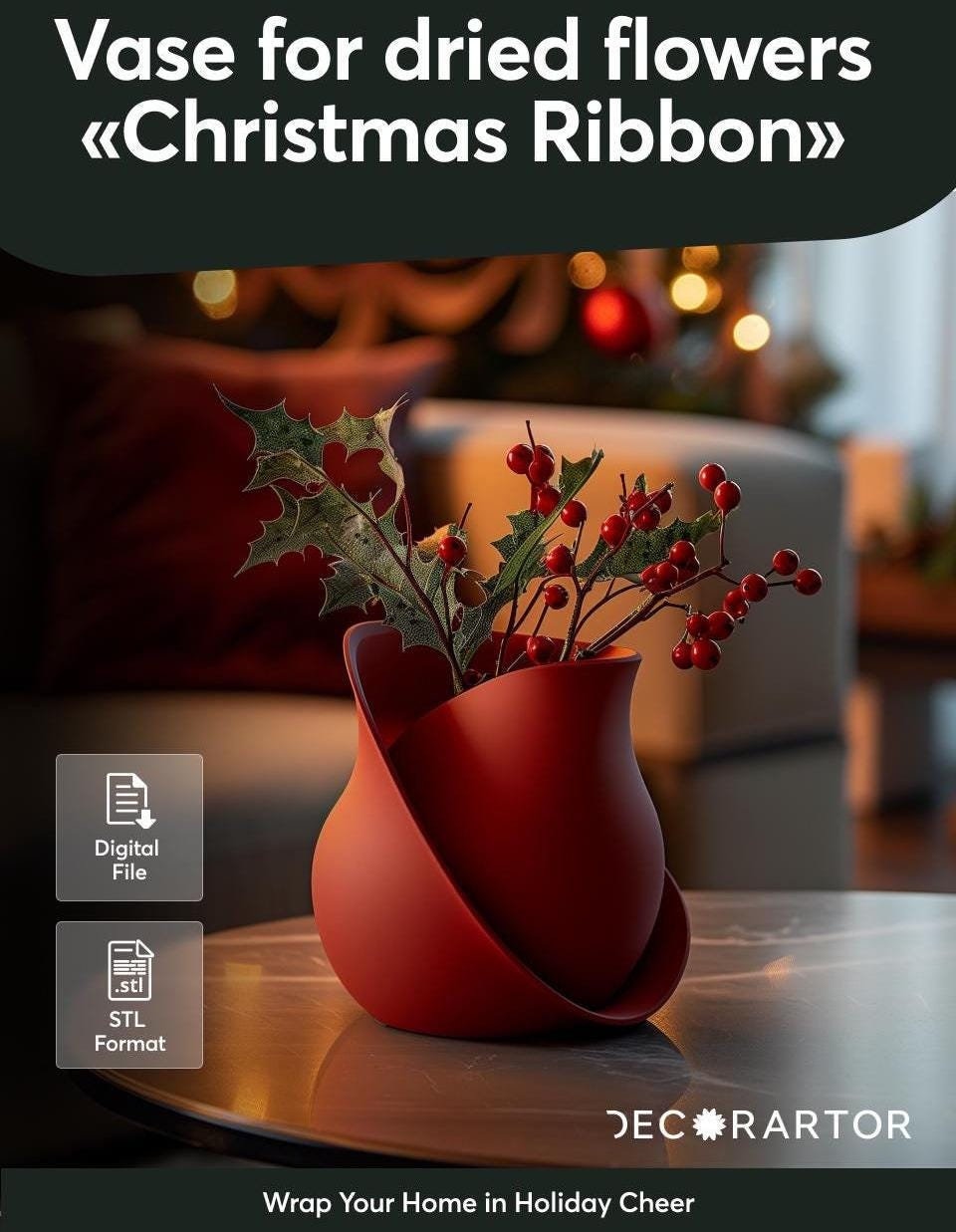 Christmas Ribbon Vase – Modern Home Decor – 3D Printable Model | Digital STL File | Instant Download for Home Printing