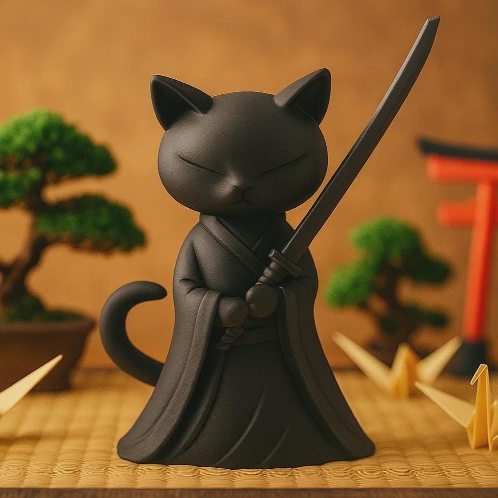 Samurai Cat Sculpture • 3d-printed Warrior Feline • Matte Black