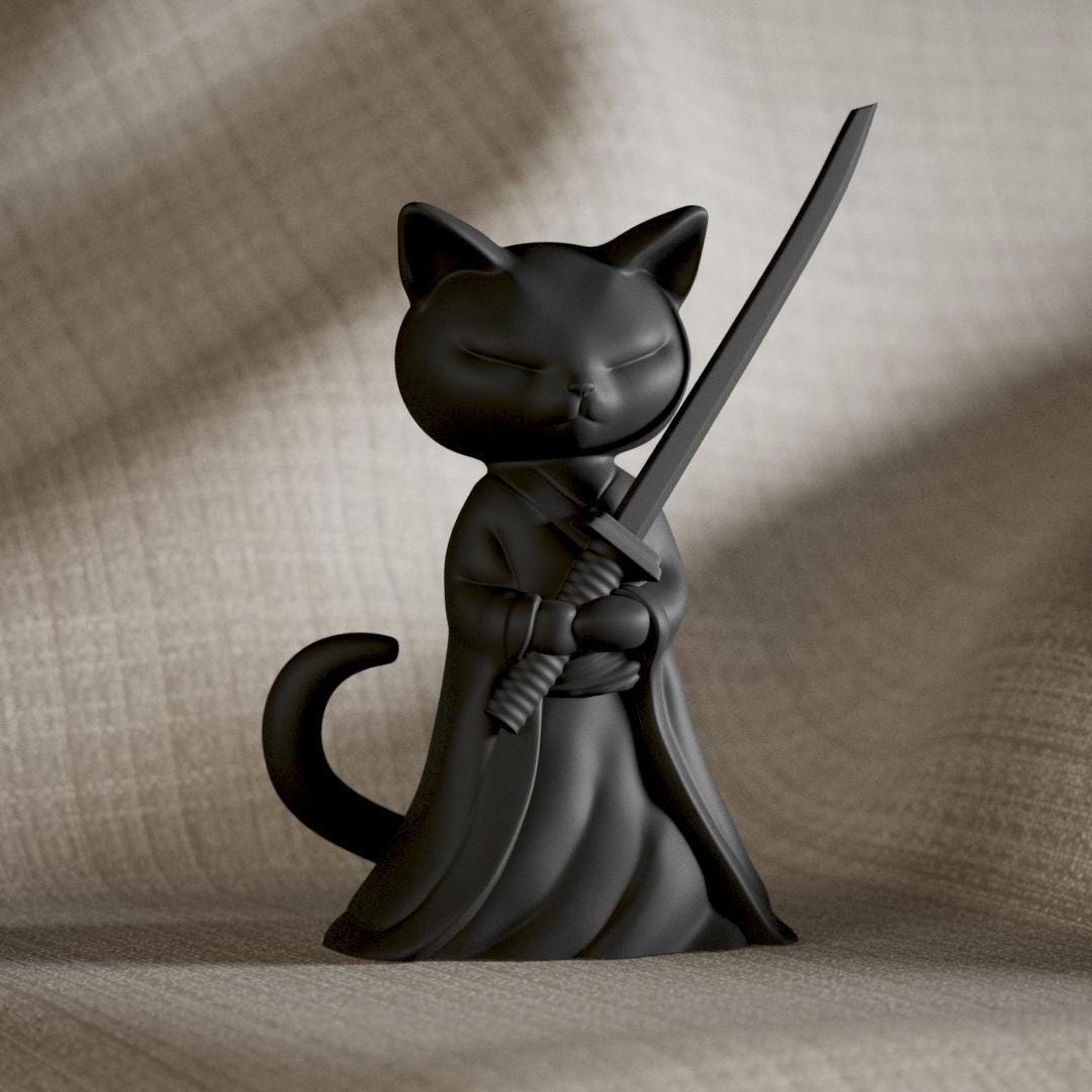 Samurai Cat Sculpture • 3d-printed Warrior Feline • Matte Black