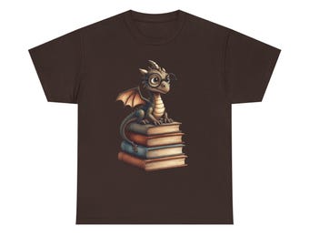Scholar Dragon on Books T-Shirt | Cute Reading Fantasy Tee