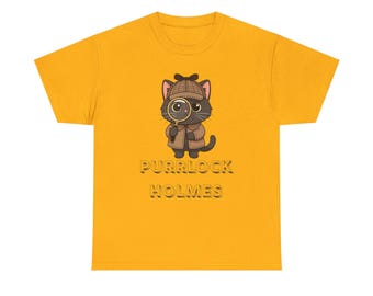May include: Mustard yellow t-shirt featuring a cartoon black cat detective with a magnifying glass, wearing a brown hat and coat. The text "PURRLOCK HOLMES" is printed below the cat in a 3D style.