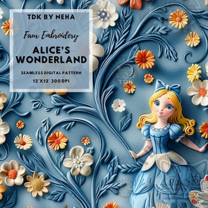 3D Alice Wonderland Faux Embroidery Seamless Digital Paper for Fabric Print, Floral Magical Alice Seamless Pattern Repeat Sublimation Design