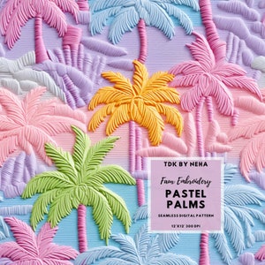 Sommer Pastell Palme Faux Stickerei Nahtloses digitales Papier für den Stoffdruck, Tropical Floral Beach Nahtlos zu wiederholen Sublimation Design