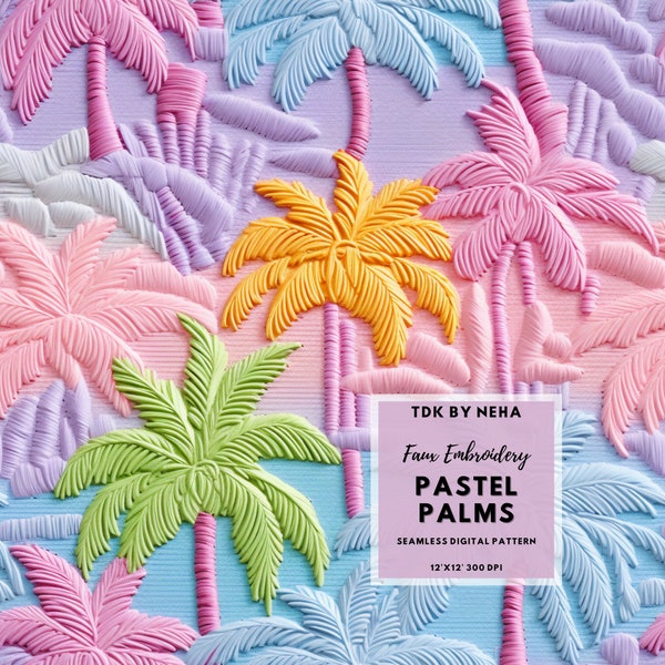 Summer Pastel Palm Tree Faux Embroidery Seamless Digital Paper for Fabric Printing, Tropical Floral Beach Seamless Repeat Sublimation Design