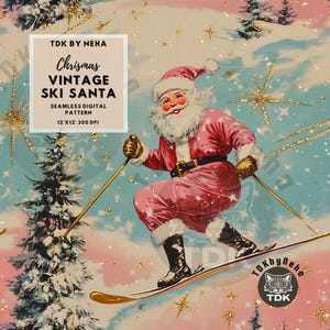 Classic Vintage Christmas Santa Seamless File, Pink Christmas seamless pattern, Glitter Ski Santa Seamless, Retro Christmas Digital Paper