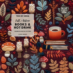 Fall Cottagecore Bookish seamless pattern Reading Contemporary Digital Paper Hot Cocoa Autumn Library Sublimation Coffee & book lover file