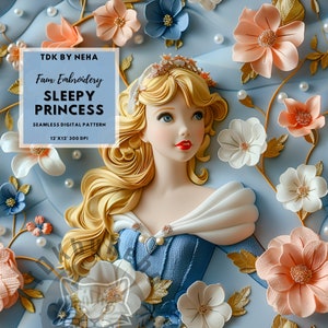 Sleepy Beauty Princess namaakborduurwerk naadloze digitale papierstof print, magische prinses 3D naadloos patroon herhalen sublimatieontwerp