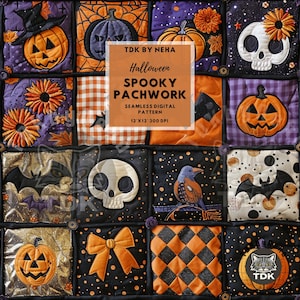 Colcha falsa, patchwork assustador, sem costura, impressão digital em tecido, colagem de Halloween de outono, padrão sem costura, repetição, design de papel de parede por sublimação