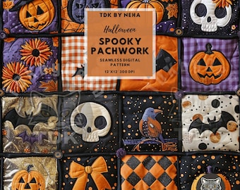 Faux Quilt Spooky Patchwork Seamless Digital Paper Fabric Print, Fall Halloween Collage Seamless Pattern Repeat Sublimation Design Wallpaper