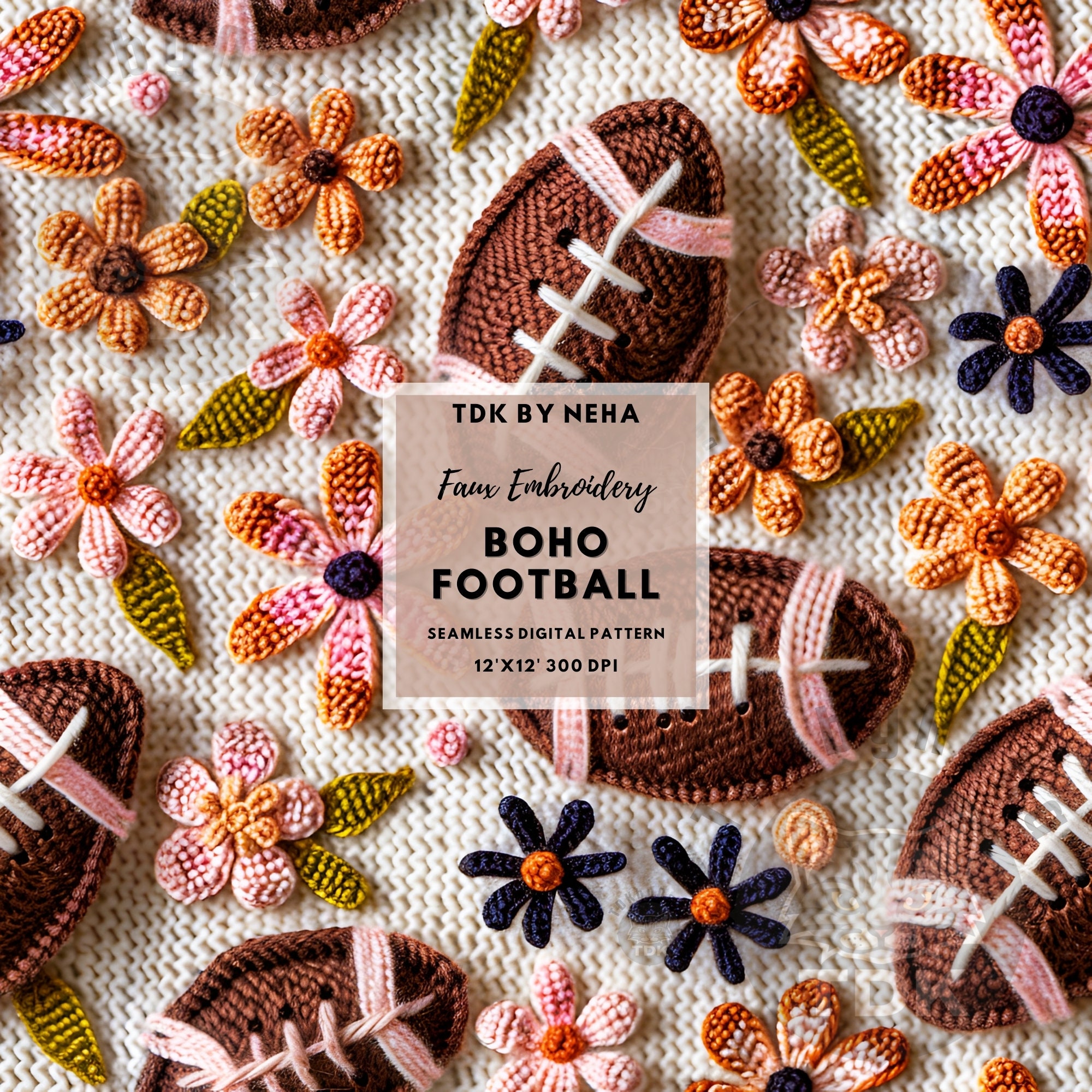 Floral Football Faux Embroidery Seamless Digital Paper for