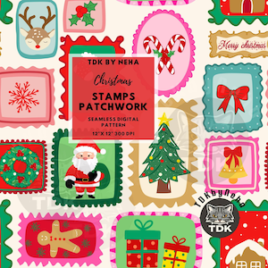 Pode incluir: Um padrão digital festivo com tema natalino apresentando vários designs de selos postais. Os selos mostram elementos de férias como Papai Noel, árvores de Natal, renas e presentes. O padrão inclui o texto "Christmas STAMPS PATCHWORK" e mede 30,48 cm x 30,48 cm.