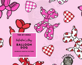 Valentines Day Balloon Dog Seamless Pattern, Vday Checkered Hearts and Pink Dogs Seamless Print, Girly Valentines Digital Paper Sublimation