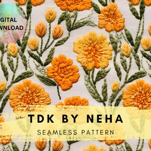Può includere: Un motivo senza cuciture con fiori gialli ricamati con foglie verdi su uno sfondo bianco. Il testo "TDK BY NEHA" è visualizzato in una casella gialla con una texture usurata.