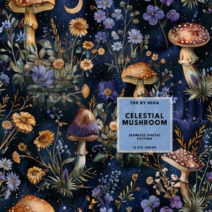Può includere: Un motivo digitale senza cuciture con illustrazioni ad acquerello di funghi e fiori su uno sfondo blu scuro con stelle bianche. Il testo "Celestial Mushroom" è al centro dell'immagine.