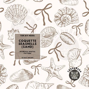 Ocean Seashells Seamless Pattern Digital Paper for Fabric Print, Summer Coquette Bow Sea Beach Seamless Repeat Sublimation Design Wallpaper