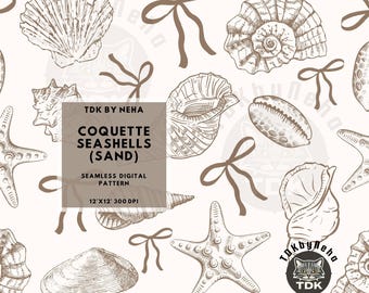 Ocean Seashells Seamless Pattern Digital Paper for Fabric Print, Summer Coquette Bow Sea Beach Seamless Repeat Sublimation Design Wallpaper