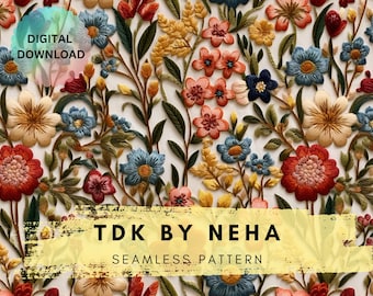 Embroidery Seamless File, Boho Floral Embroidery seamless pattern, Cottagecore boho seamless, Autumn Floral embroidery seamless pattern File