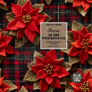 Impression sans couture de broderie de poinsettia rouge, poinsettia 3D sur le motif écossais sans couture Téléchargements de poinsettia numérique de Noël de papier de poinsettia sans couture