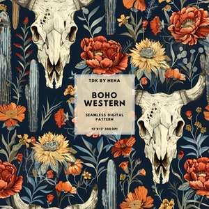 Papier numérique sans couture Boho Western Cow Skull pour impression sur tissu, Scrapbooking design sublimation répétitif sans couture, cactus floral occidental
