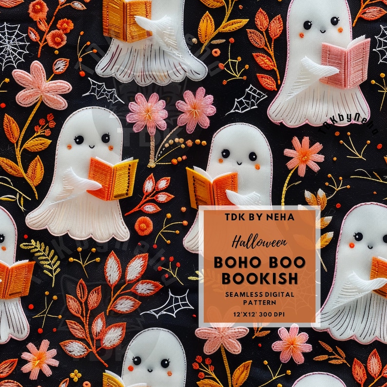 3D Boho Bookish Ghost Seamless Pattern Contemporary Digital Paper ...